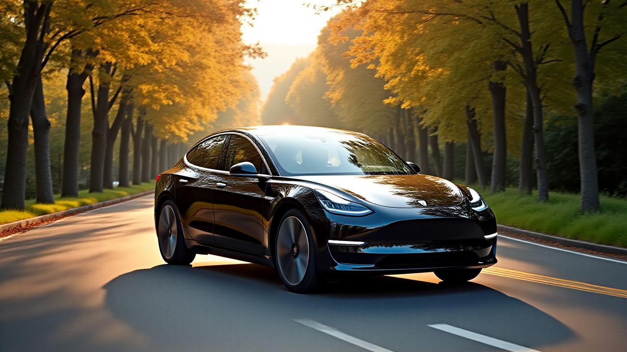 En moderne elbil som kjører gjennom en frodig gate i Oslo