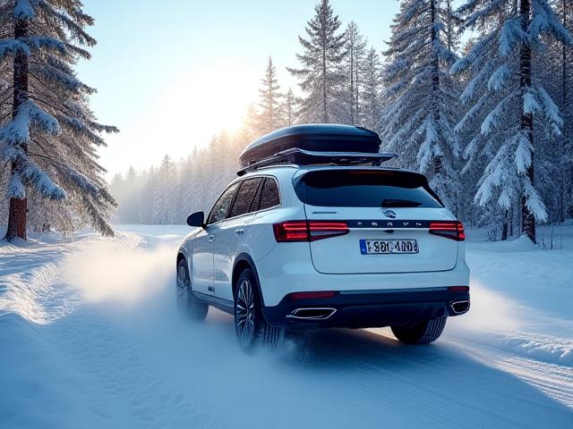 SUV med skiboks på vei til fjellet